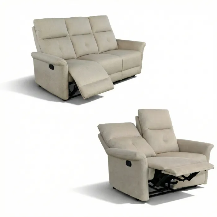 Set Divani DUO 3+2 Posti Relax Reclinabili in Tessuto Taupe, per Soggiorno