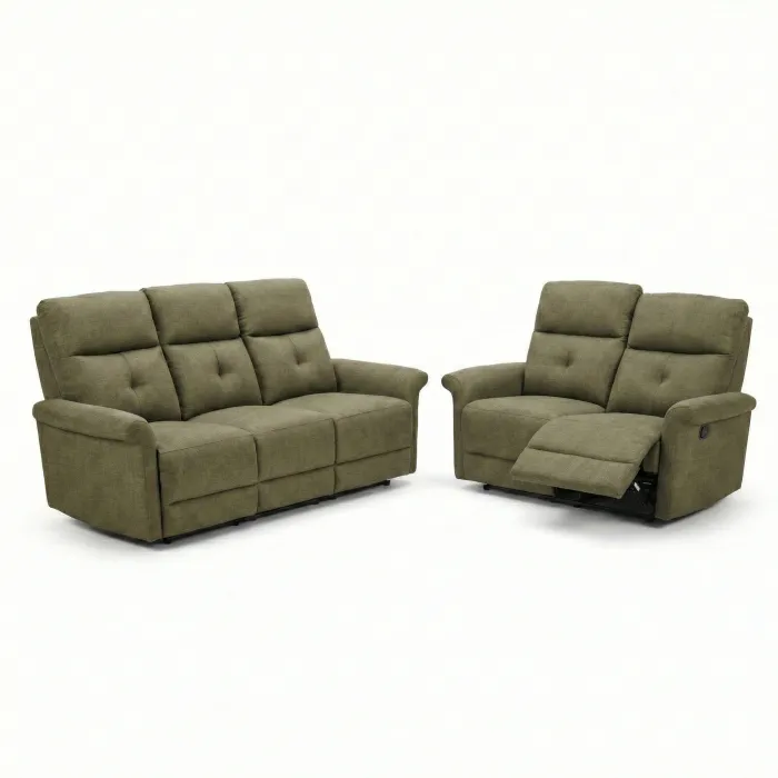 Set Divani DUO 3+2 Posti Relax Reclinabili in Tessuto Verde Britannico, per Soggiorno