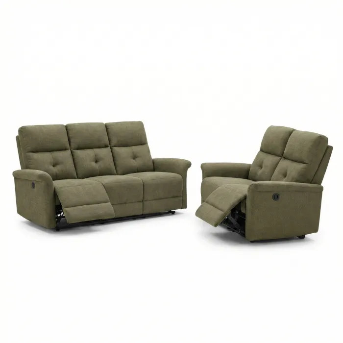 Set Divani DUO 3+2 Posti Relax Elettrici in Tessuto Verde Britannico con 4 Recliner Indipendenti