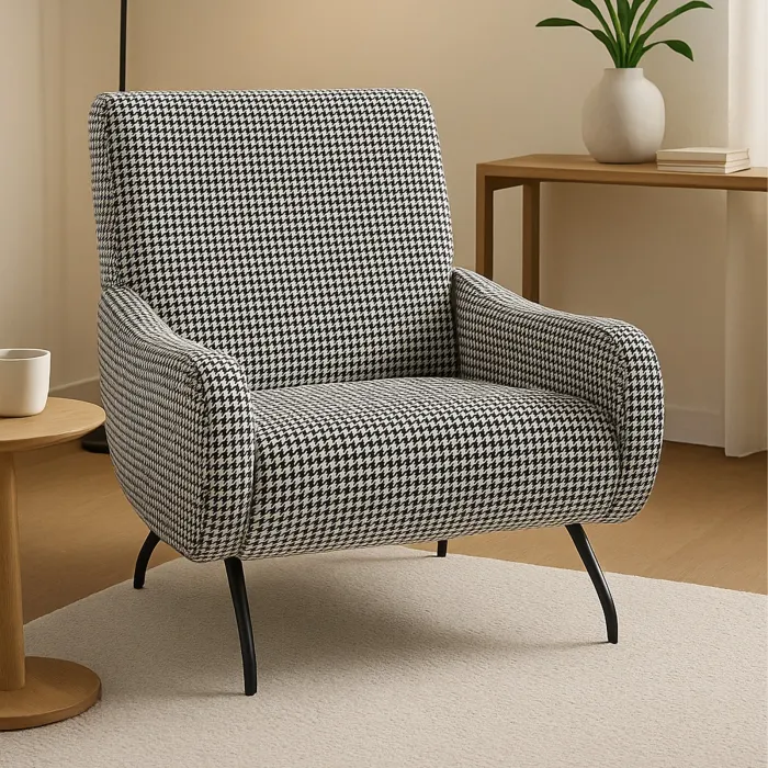 Poltrona ROSA in Tessuto Pied de Poule Bianco e Nero, Schienale Avvolgente e Design Vintage - immagine 3