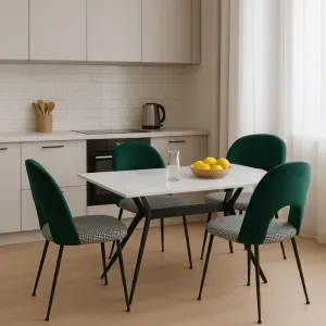 Set di 4 Sedie Elen in Velluto Verde, Seduta Pied de Poule e Gambe in Metallo Nero