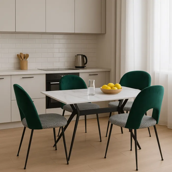 Set di 4 Sedie Elen in Velluto Verde, Seduta Pied de Poule e Gambe in Metallo Nero
