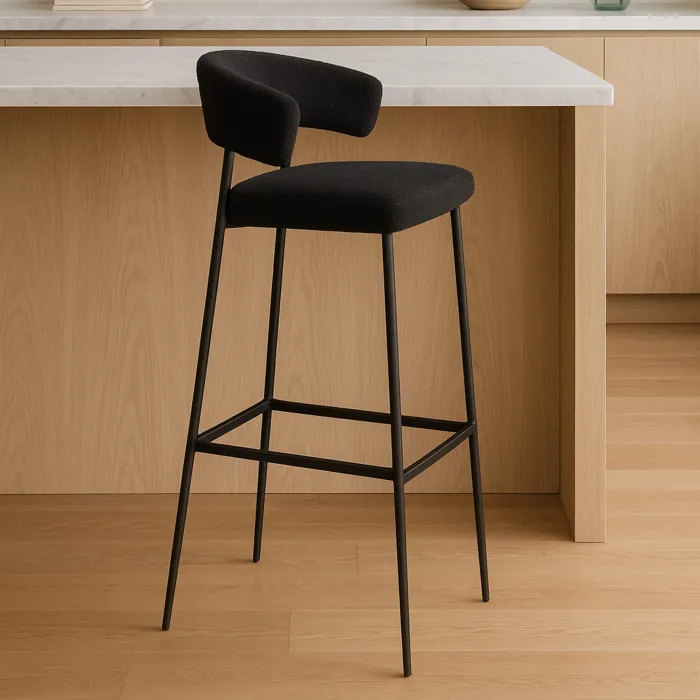 Set 2 Sgabelli LIVA in Tessuto Bouclé Nero con Gambe Nere, Schienale Ergonomico