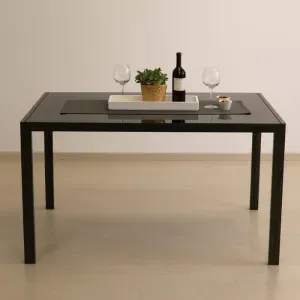 Tavolo Benny Fisso con Piano in Vetro Temperato e Gambe Nere in Ferro, Design Moderno, 140 x 80 x 75 cm