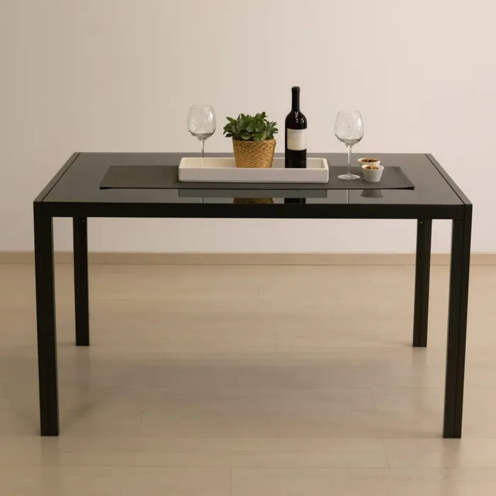 Tavolo Benny Fisso con Piano in Vetro Temperato e Gambe Nere in Ferro, Design Moderno, 140 x 80 x 75 cm