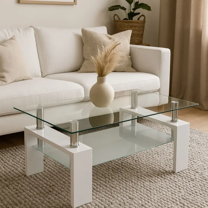 Tavolino Stratos in Vetro Temperato Trasparente con Gambe in Legno Laccato Bianco, 100 × 60 × 45 cm