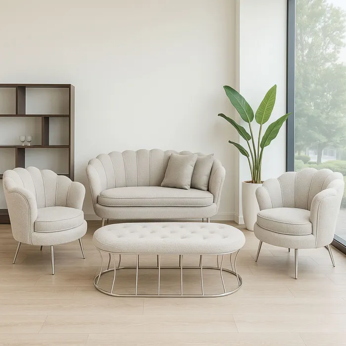 Set Salotto Flavia 2+1+1 in Tessuto Bouclé Grigio con Divanetto, 2 Poltrone e Tavolino Basso