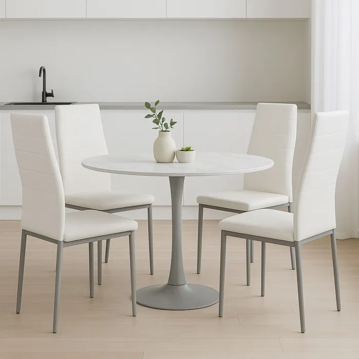 Set 6 Sedie Sveva in Similpelle Bianca con Struttura in Metallo Satinato, 40 x 47 x 96 cm