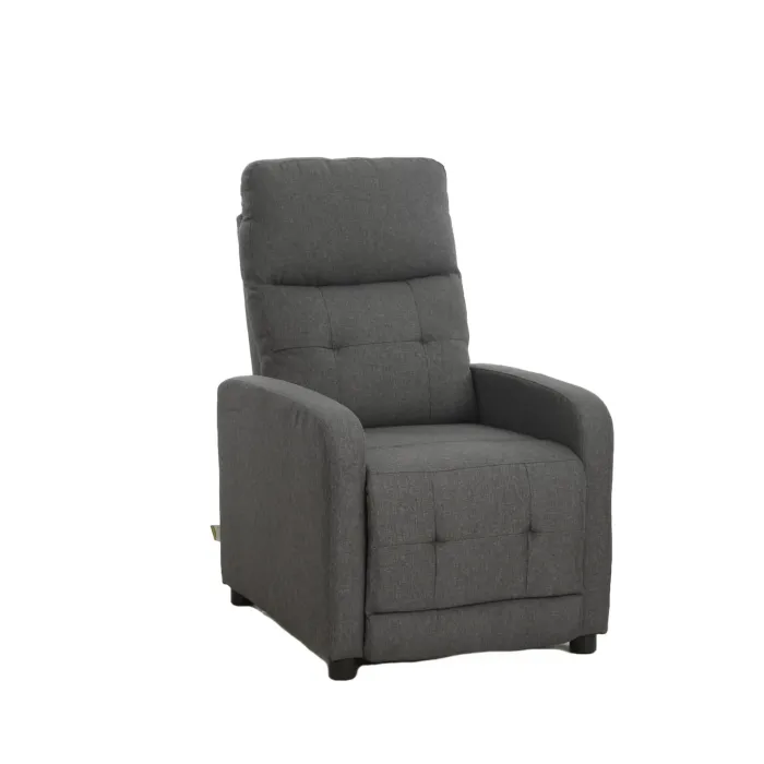 Poltrona Relax Susan Push in Tessuto Fumo, Reclinabile con Sistema Push e Bottoni Decorativi