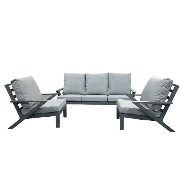 Set Salotto Naos Grigio Antracite con Divano a 3 Posti e 2 Poltrone in Alluminio, con Cuscini in Tessuto per Esterni - immagine 2