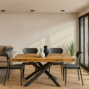 Tavolo Allungabile Massello con Piano Effetto Rovere e Gambe Nere in Metallo a Croce, Design Moderno Rettangolare