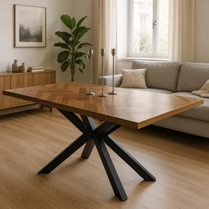 Tavolo Dylan con Piano in Rovere Scuro Effetto Spina di Pesce e Gambe Nere, 180 x 90 x 75 cm