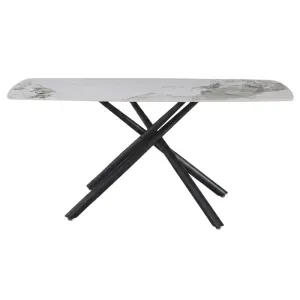 Tavolo DANTE Fisso in Gres Porcellanato Effetto Marmo con Base Incrociata in Metallo Nero, 180 × 85 cm