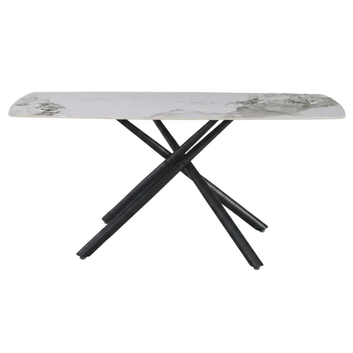 Tavolo DANTE Fisso in Gres Porcellanato Effetto Marmo con Base Incrociata in Metallo Nero, 180 × 85 cm