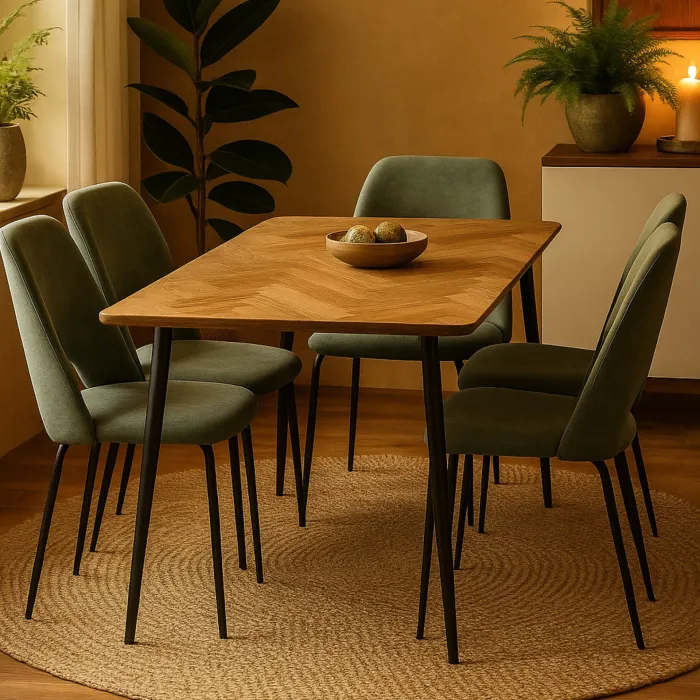 Tavolo Scandio Rettangolare 120 x 80 cm con Piano Effetto Rovere Chiaro e Gambe in Metallo Nero, Design Moderno