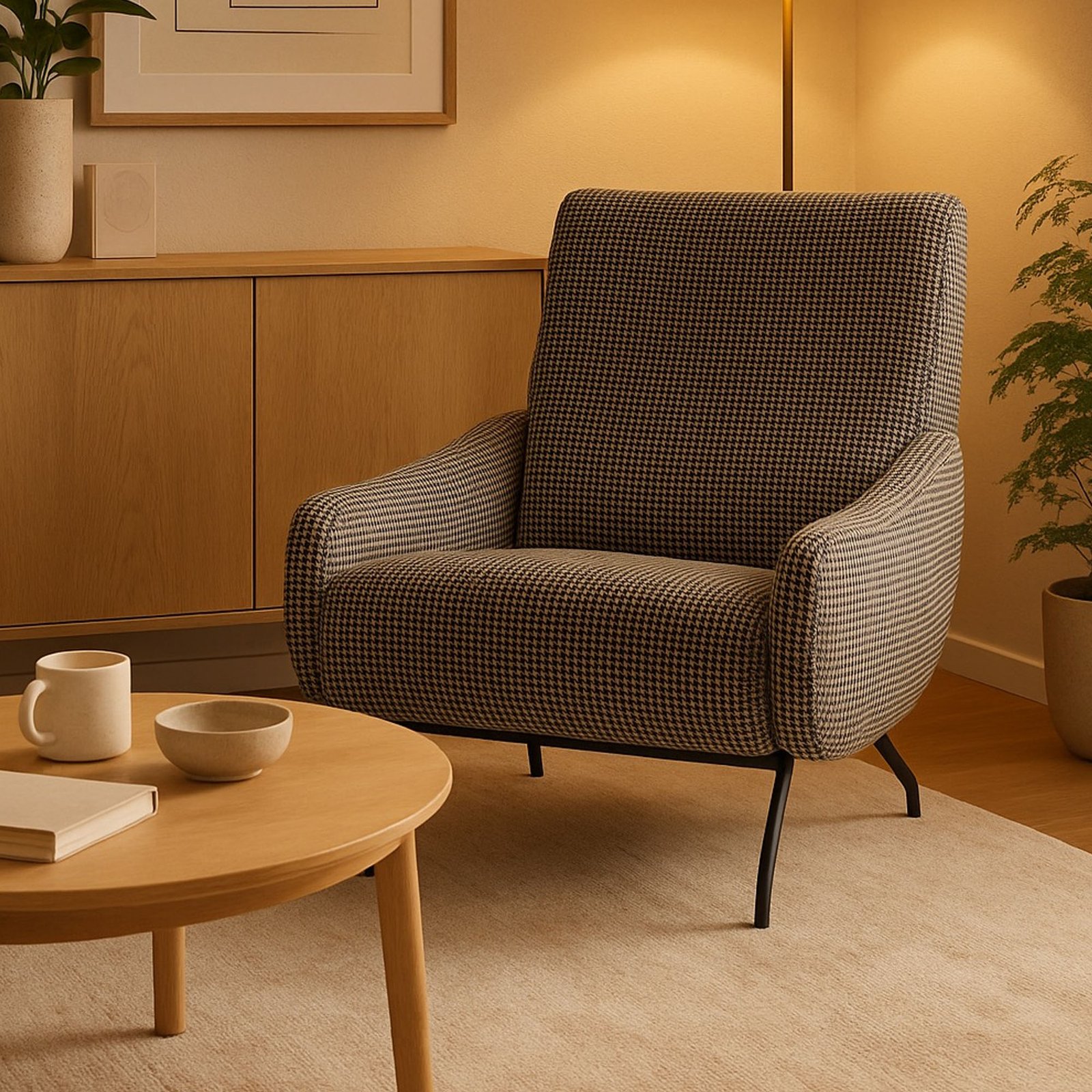 POLTRONA ROSA TESSUTO PIED DE POULE TORTORA