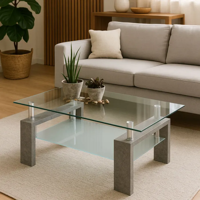 Tavolino Stratos in Vetro Temperato con Gambe in Legno Laccato Color Cemento, 100 × 60 × 45 cm
