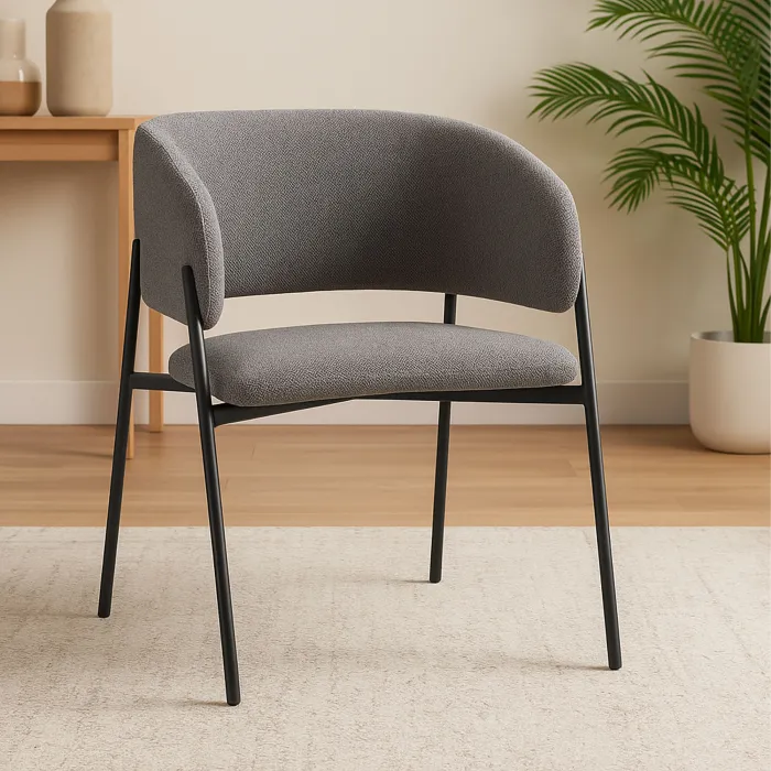 Set 4 Poltroncine Musa in Tessuto Cenere con Braccioli e Gambe in Ferro Nero, Design Moderno