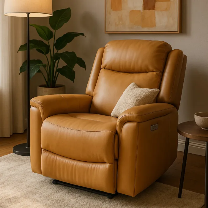 Poltrona Relax Elettrica Isabel in Vera Pelle Camel, con Doppio Motore, Telecomando e Ruote