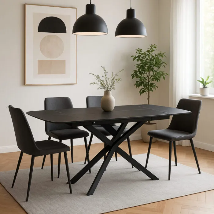 Tavolo Allungabile Louis con Piano in Gres Nero Effetto Marmo e Gambe in Metallo Nero, 130–190 cm