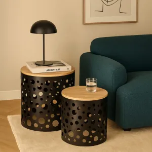 Set Tavolini Morfos Rotondi con Piano Effetto Rovere e Struttura in Metallo Nero, Design Moderno
