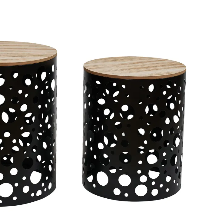 Set Tavolini Morfos Rotondi con Piano Effetto Rovere e Struttura in Metallo Nero, Design Moderno - immagine 2