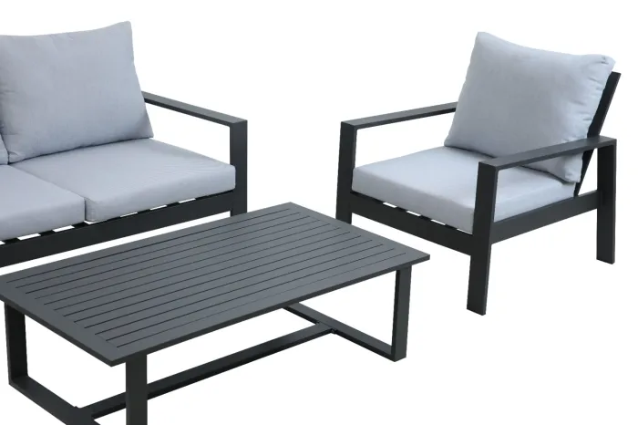 Set Salotto Lisbona Grigio Antracite con Divano a 2 Posti, 2 Poltrone e Tavolino in Alluminio, con Cuscini per Esterni - immagine 2