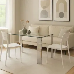 Tavolo Tower Fisso con Piano in Vetro Temperato e Gambe Cromate, Design Moderno