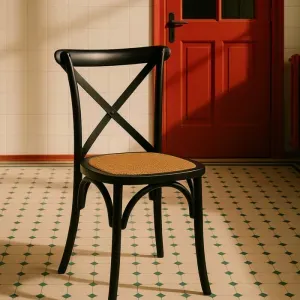 Set 2 Sedie Chateau in Legno Nero con Seduta in Bambù Naturale e Schienale a X, Stile Classico