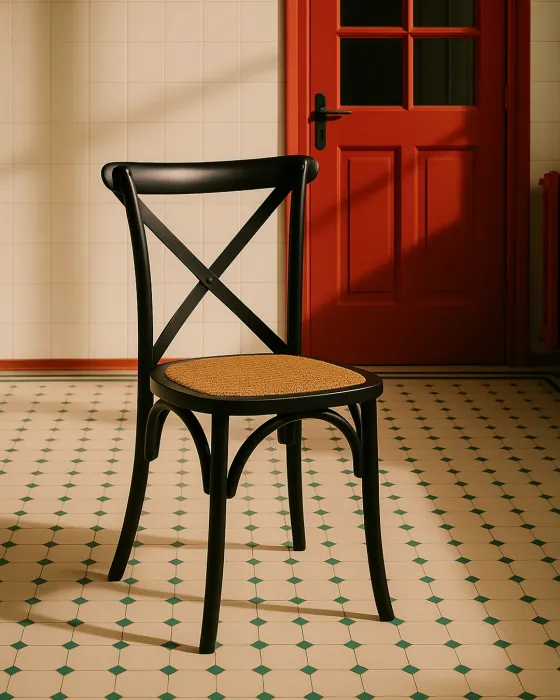 Set 2 Sedie Chateau in Legno Nero con Seduta in Bambù Naturale e Schienale a X, Stile Classico