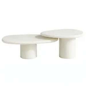 Set 2 Tavolini AURA Effetto Cemento Panna in Legno, Sovrapponibili con Base Cilindrica