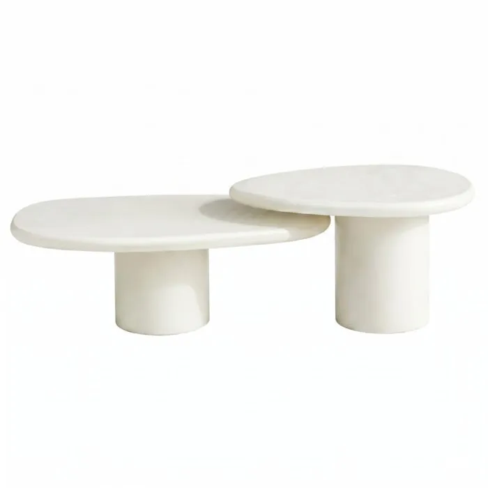 Set 2 Tavolini AURA Effetto Cemento Panna in Legno, Sovrapponibili con Base Cilindrica