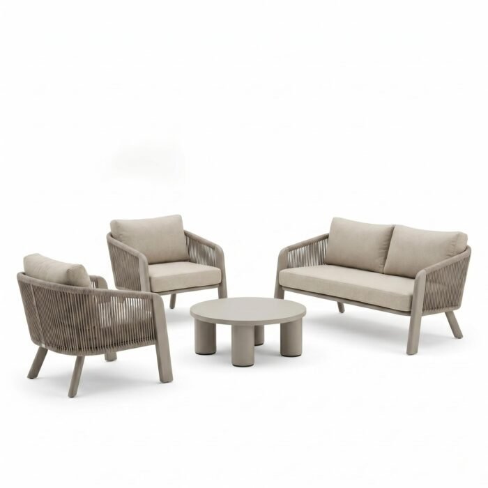 Set Tenerife Salotto da Esterno Tortora con Divano, 2 Poltrone e Tavolino Ø80 cm