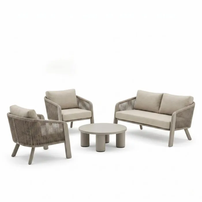 Set Tenerife Salotto da Esterno Tortora in Alluminio con Divano 2 Posti, 2 Poltrone e Tavolino Ø80 cm