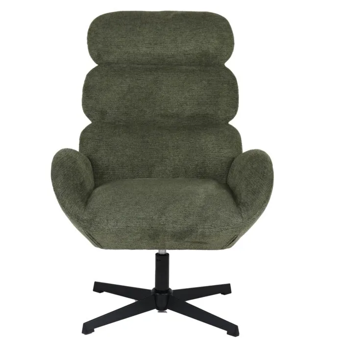 Poltrona Girevole Imbottita SELENE Verde in Tessuto Aragon, con Braccioli Curvi e Base in Metallo, 75 x 81 x 105 cm