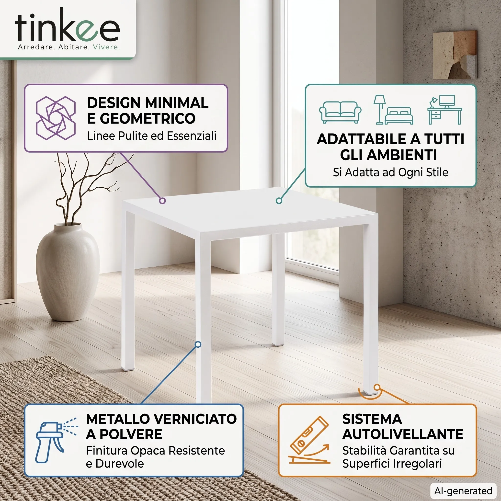 Tavolo NEXO Bianco in Metallo, Design Moderno e Salvaspazio, 70 × 70 × 75 cm - immagine 6