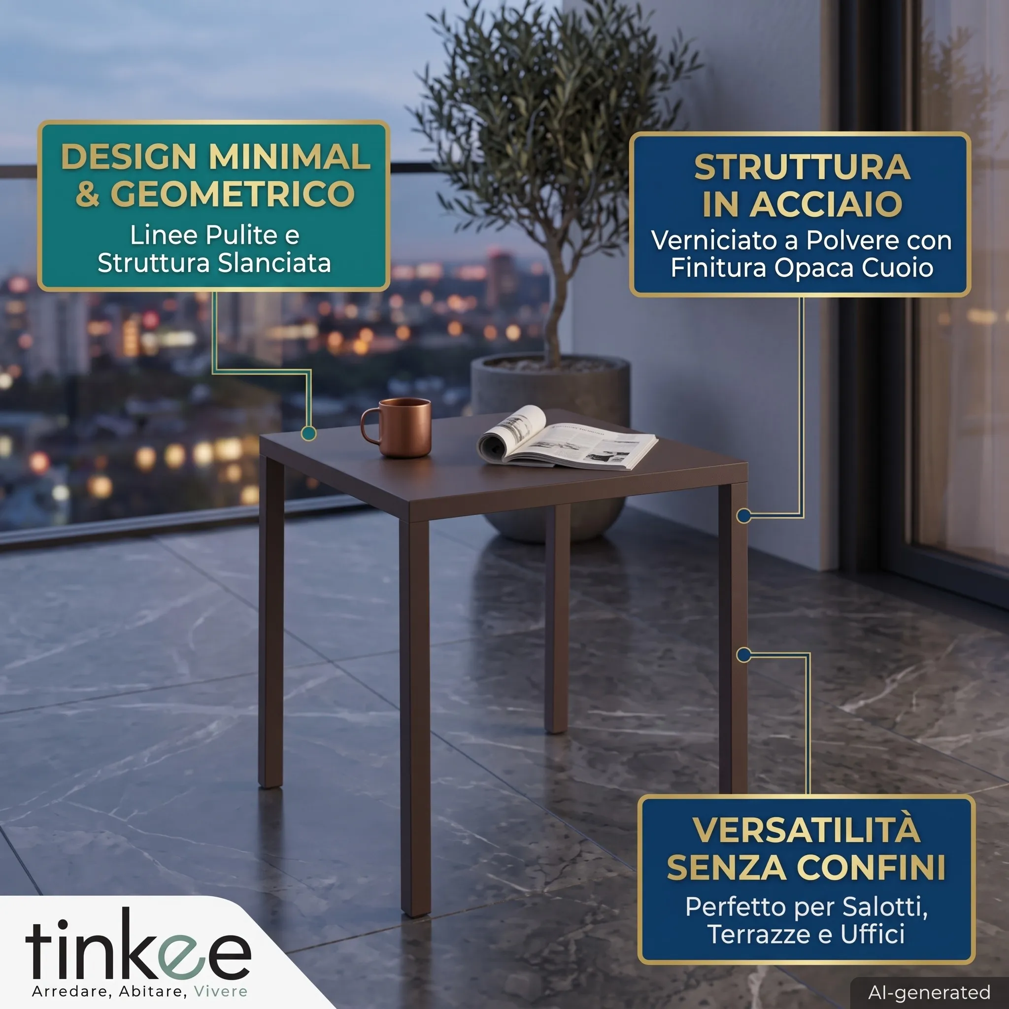 Tavolo NEXO Color Cuoio in Metallo, Design Moderno e Geometrico, 80 × 80 × 75 cm - immagine 5