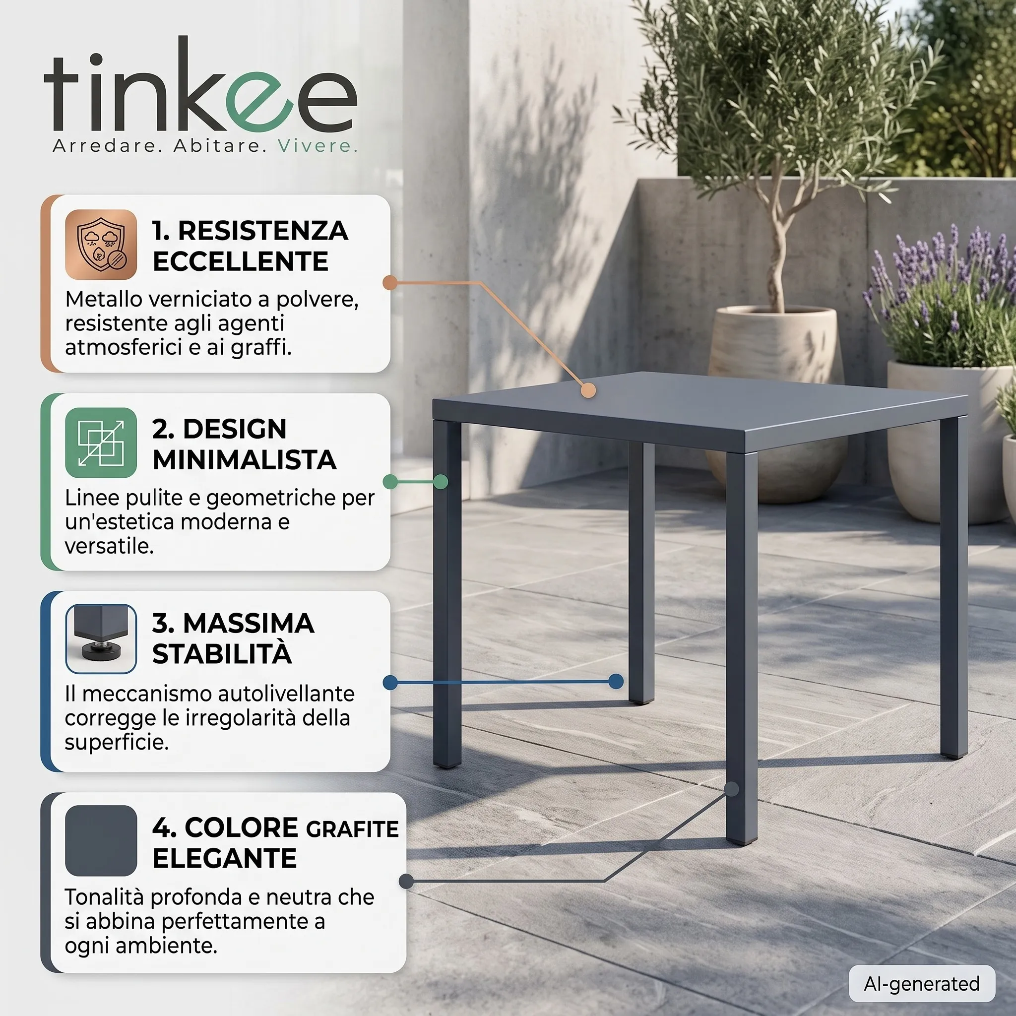 Tavolo NEXO Grafite in Metallo, Design Moderno e Piano Quadrato, 80 × 80 × 75 cm - immagine 5